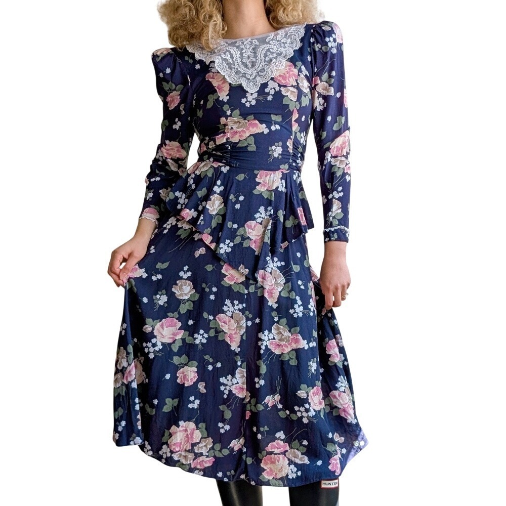 Sarah Taylor Vintage 80s Cottage Victorian Lace Collar Peplum Waist Midi Dress